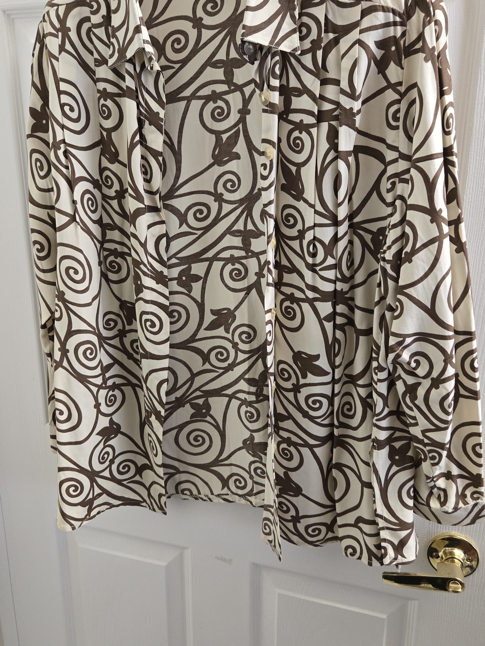 Womens Cream and Brown Printed Button-Up Blouse